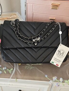 Authentic Valentino Orlandi Angel Black Quilted Shoulder Bag with Black Chain